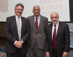 L to R: Charles R. DiSalvo, Rajmohan Gandhi, and Duquesneâ€™s Law Dean Ken Gormley in the event.