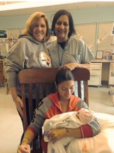 Nilima with her two patients, Becky Brindle in 1972 and her premature grand daughter 43 years later.