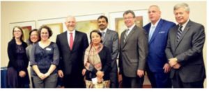 L to R: Rachel Jacobson, Lynn Kawaratani, Emily Rook-Koepsel , Ariel Armony, Consul General Riva Ganguly Das, Consul Trade Sreenivasa Rao Gudavalli, James Cook, Ira Gumberg at Pittâ€™s Asian Studies Center, and Chancellor Emeritus Mark Nordenberg.